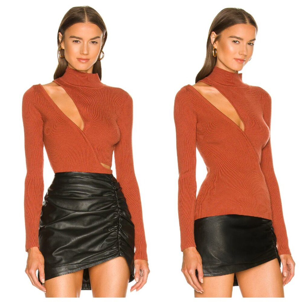 Michael Costello x Revolve Soraya Rust Brown Cut Out Turtleneck Rib Knit Sweater